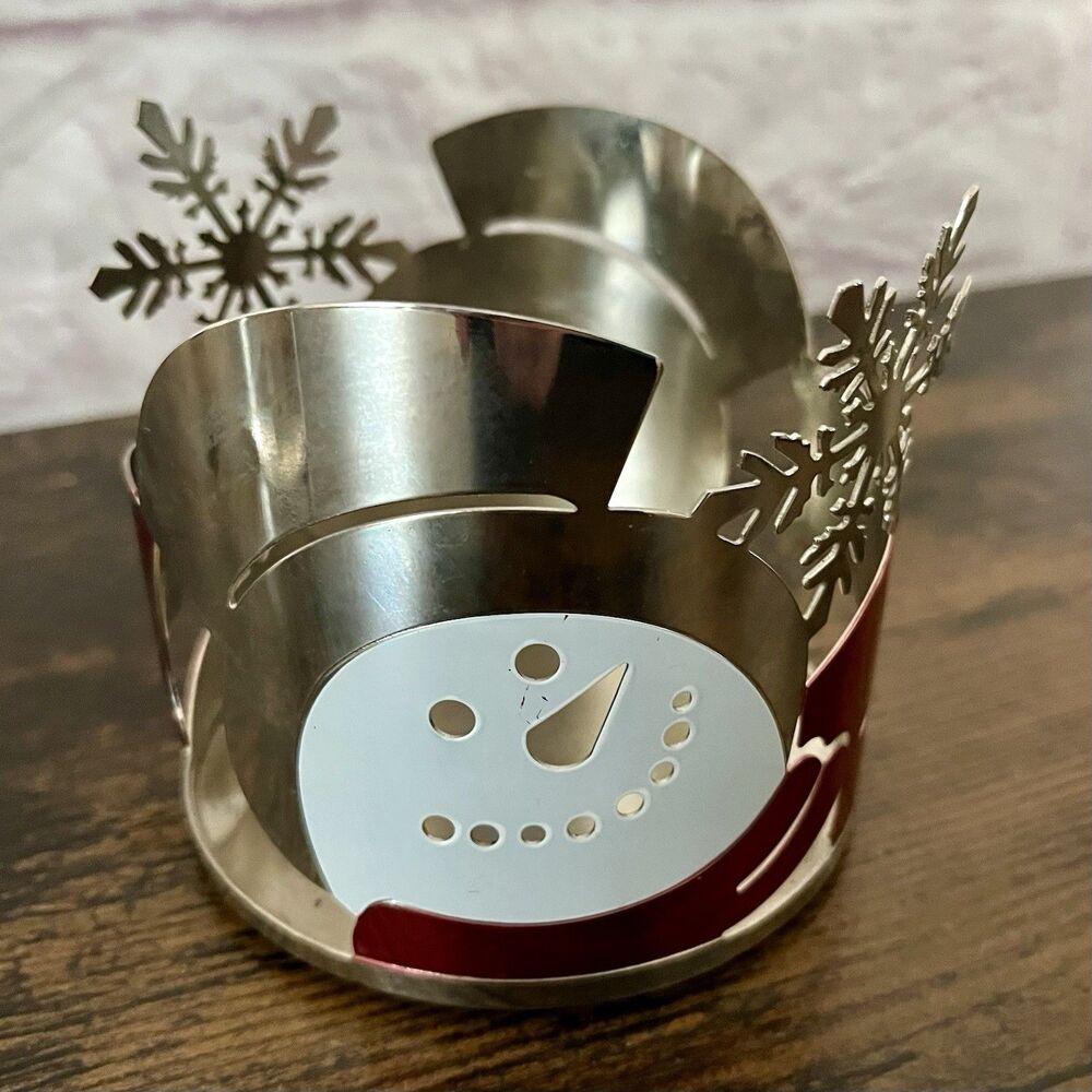 Bath & Body Works Snowman 3 Wick Candle Holder Metal Red White Silver